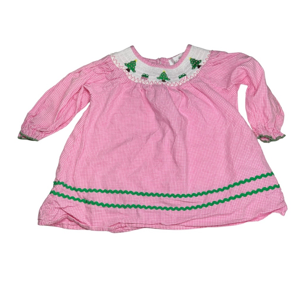 Marie Nicole Pink Gingham smocked Dress embroidered Christmas trees presents xs